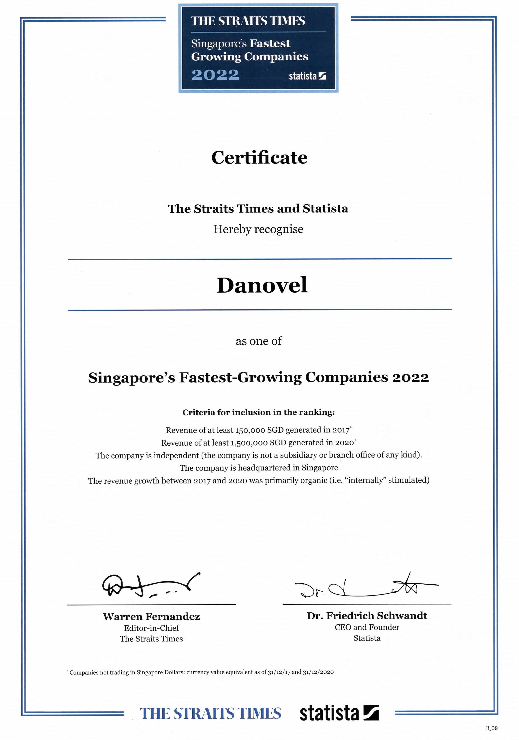 Certificate recognising Danovel as one of Singapore's Fastest-Growing Companies 2022